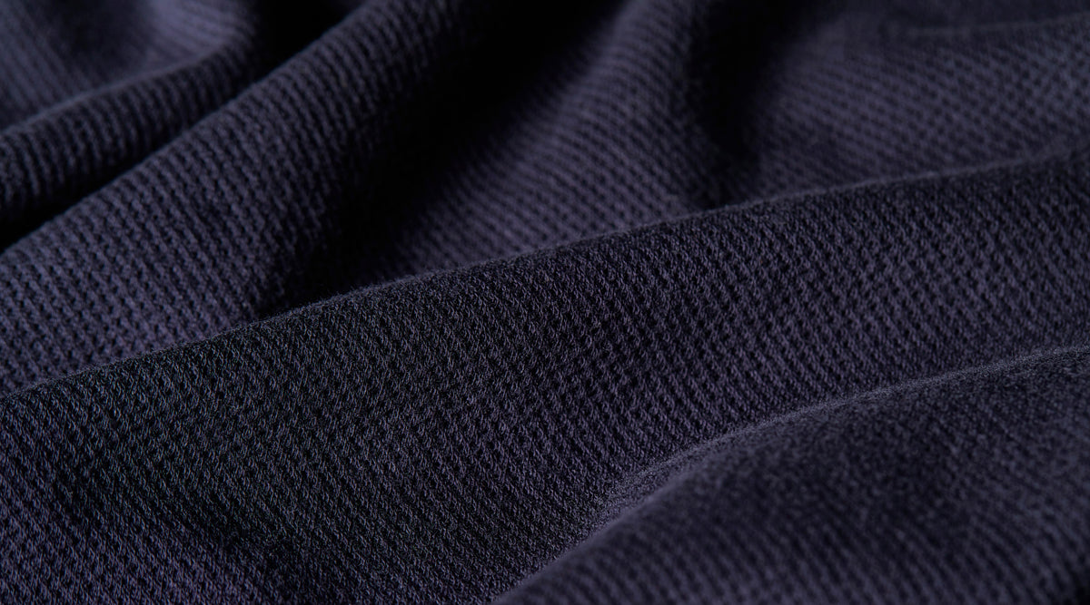 Sunspel Riviera polo shirt fabric in navy