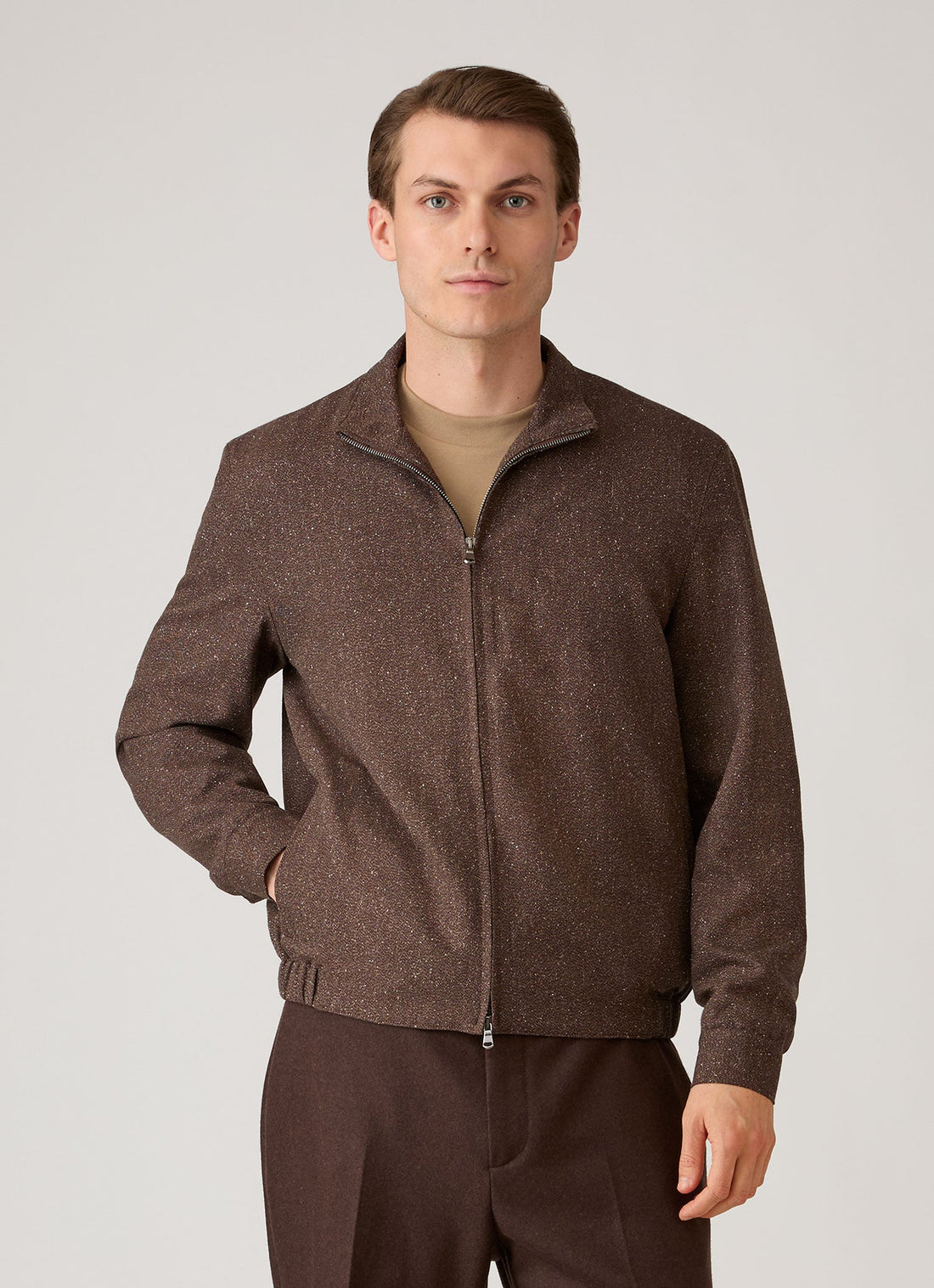 Men's Donegal Tweed Zip Jacket in Dark Brown Melange