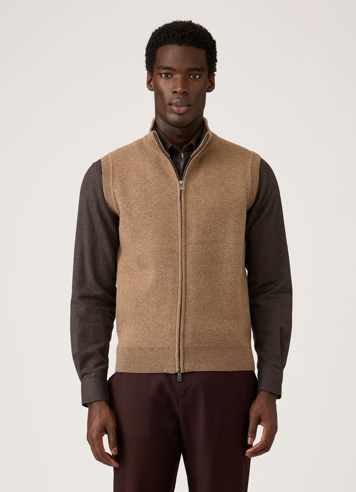Men's Merino Cotton Double Faced Gilet in Dark Beige