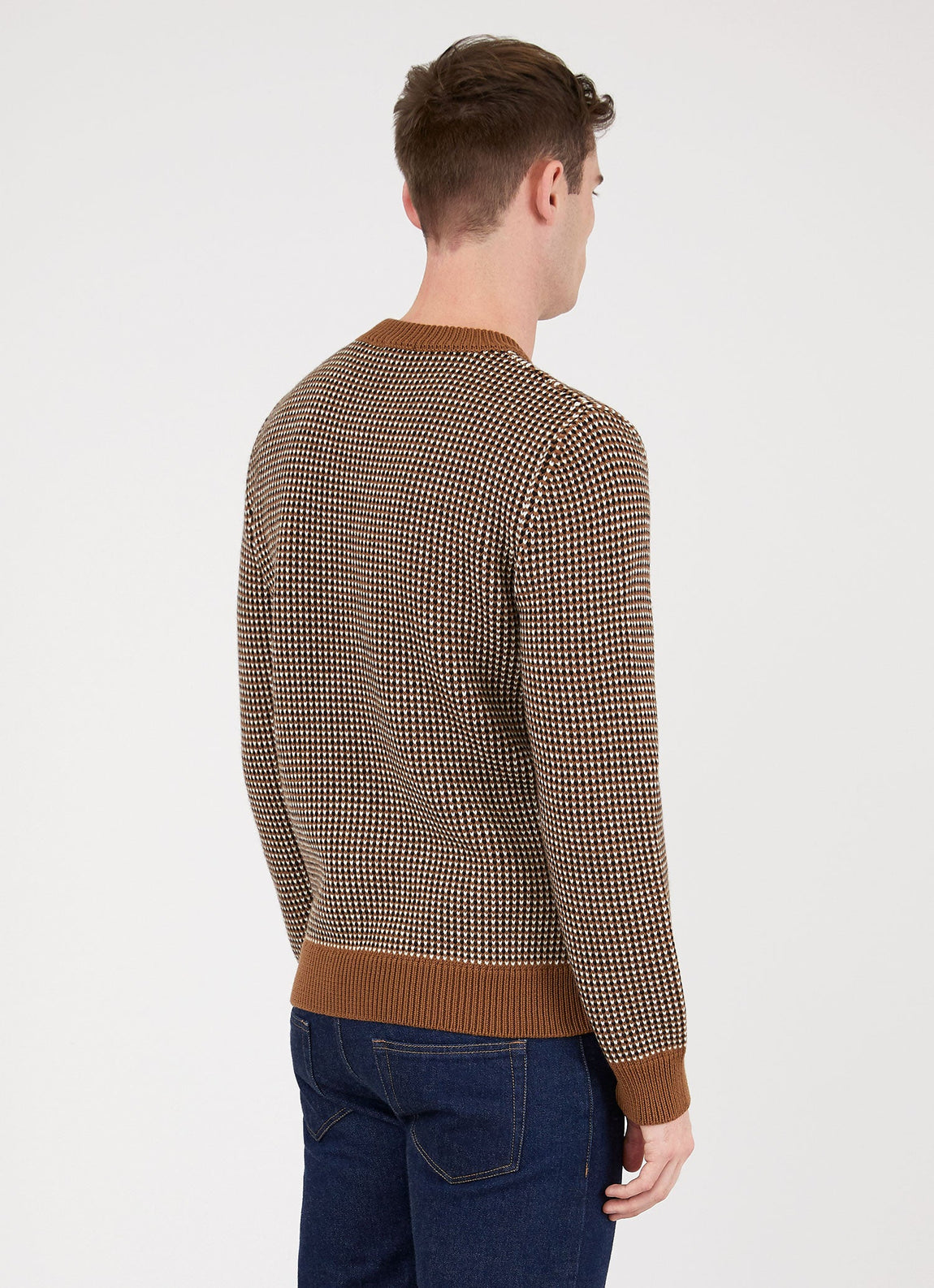 Men's Merino Fisherman Knit Jumper in Camel/Ecru/Black