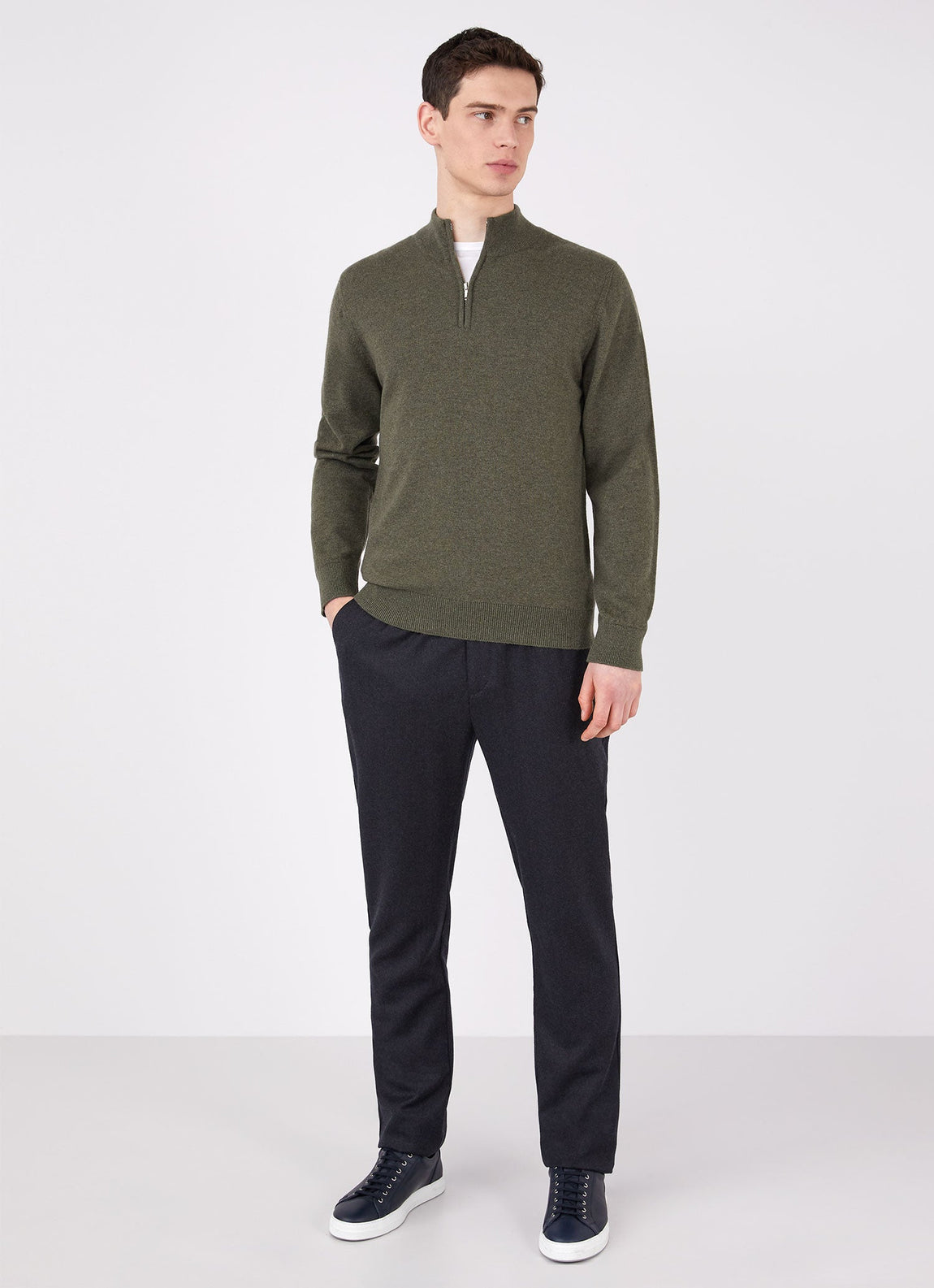 Men's Cashmere Zip Neck Jumper in Dark Moss