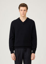Men's Lambswool V-neck Jumper in Dark Navy Mouline