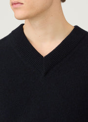Men's Lambswool V-neck Jumper in Dark Navy Mouline