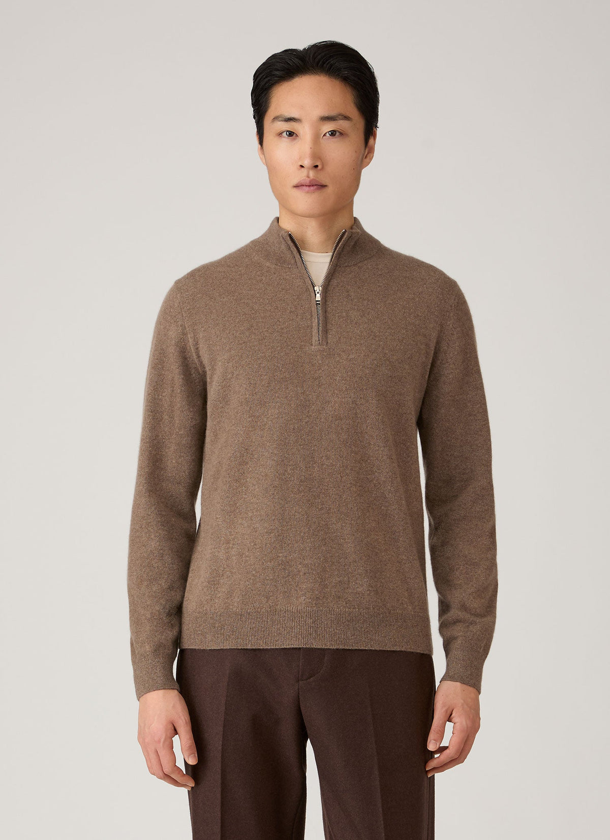 Men's Cashmere Half Zip Jumper in Taupe