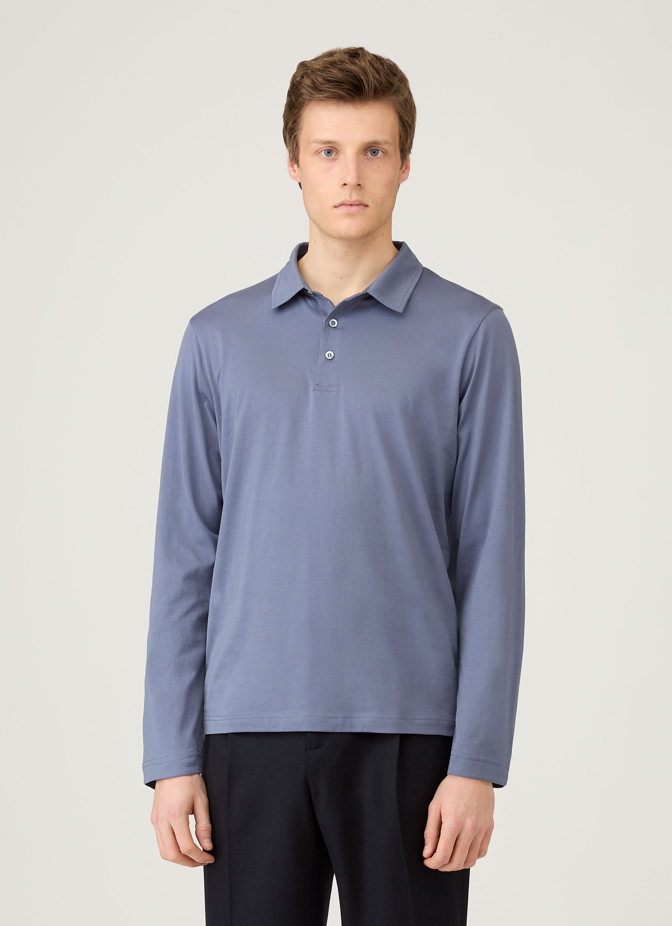 Men's Long Sleeve Classic Jersey Polo Shirt in Selvedge Blue