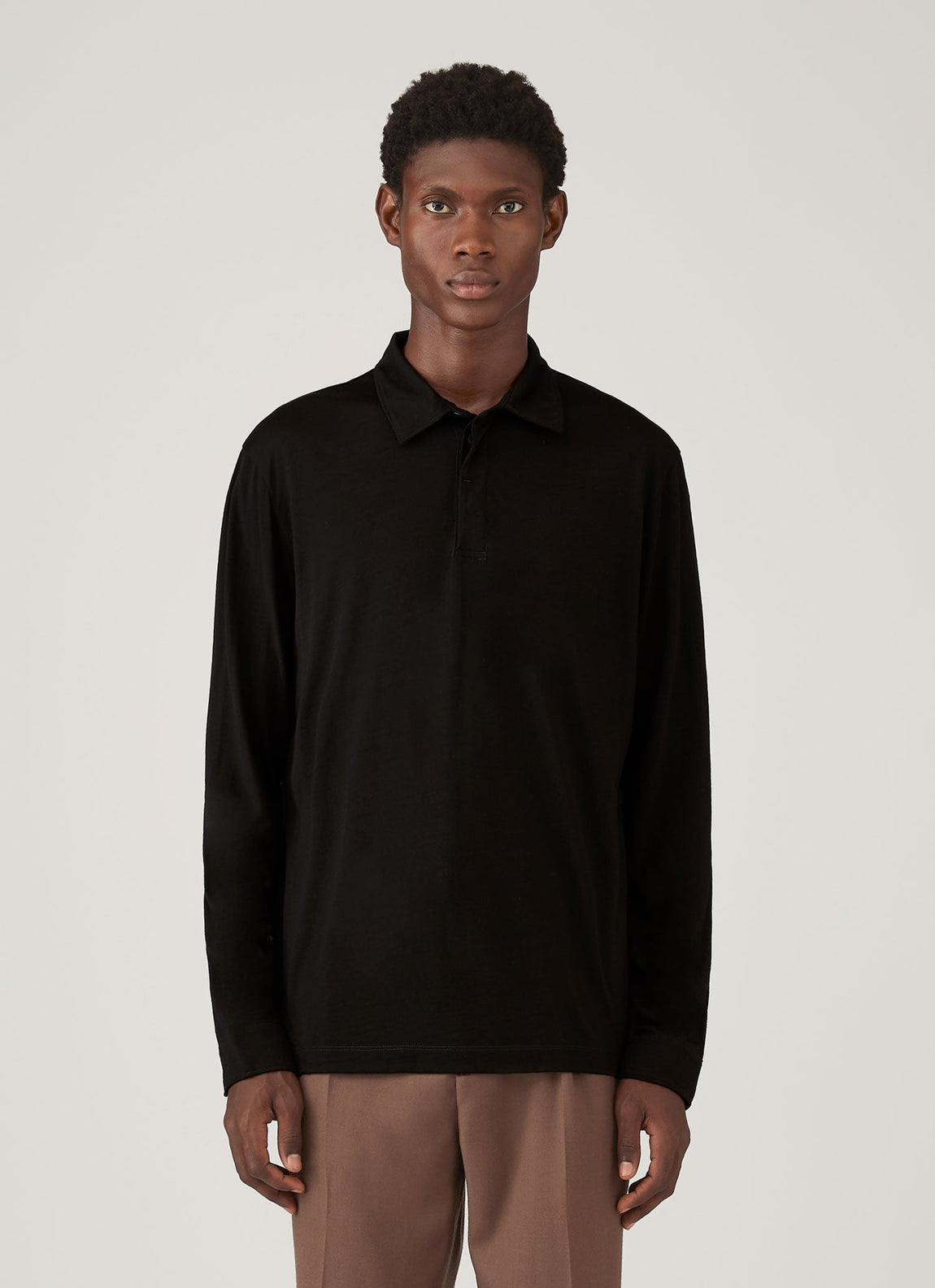 Men's Long Sleeve Ultra-Fine Merino Polo Shirt in Black