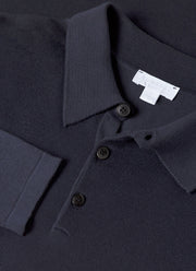 Men's Long Sleeve Sea Island Cotton Knit Polo Shirt in Light Navy