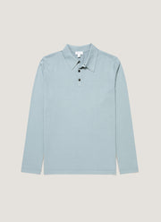 Men's Long Sleeve Sea Island Cotton Knit Polo Shirt in Stone Blue