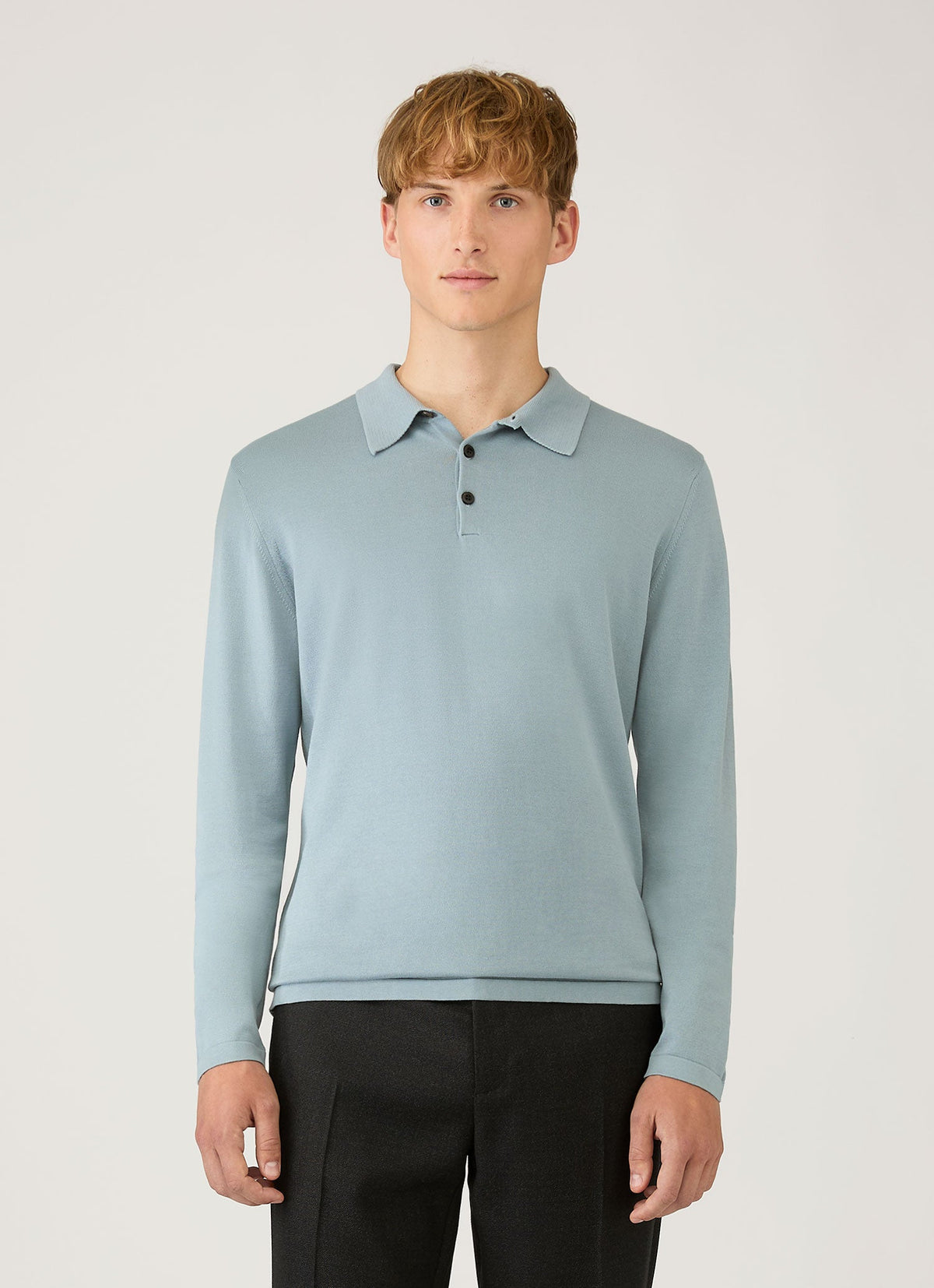 Men's Long Sleeve Sea Island Cotton Knit Polo Shirt in Stone Blue