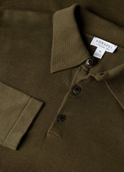 Men's Long Sleeve Sea Island Cotton Knit Polo Shirt in Deep Olive