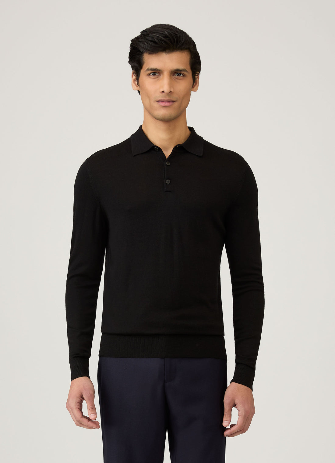 Men's Extra-Fine Merino Knitted Polo Shirt in Black