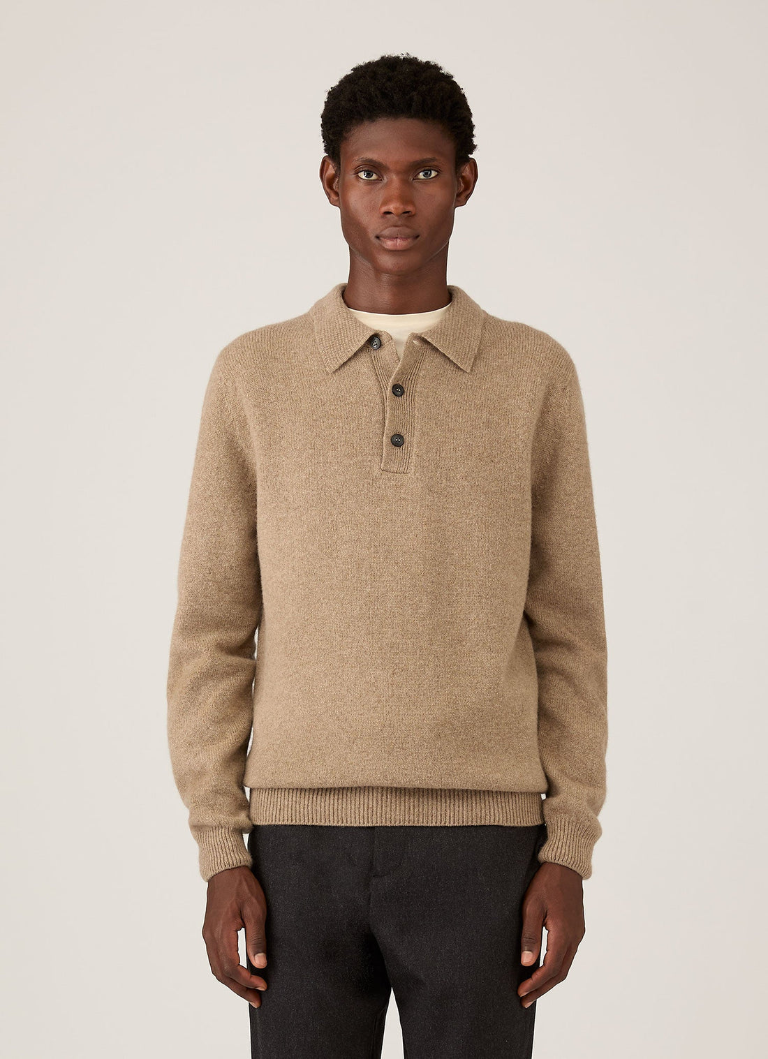 Men's Lambswool Knitted Polo Shirt in Sandstone