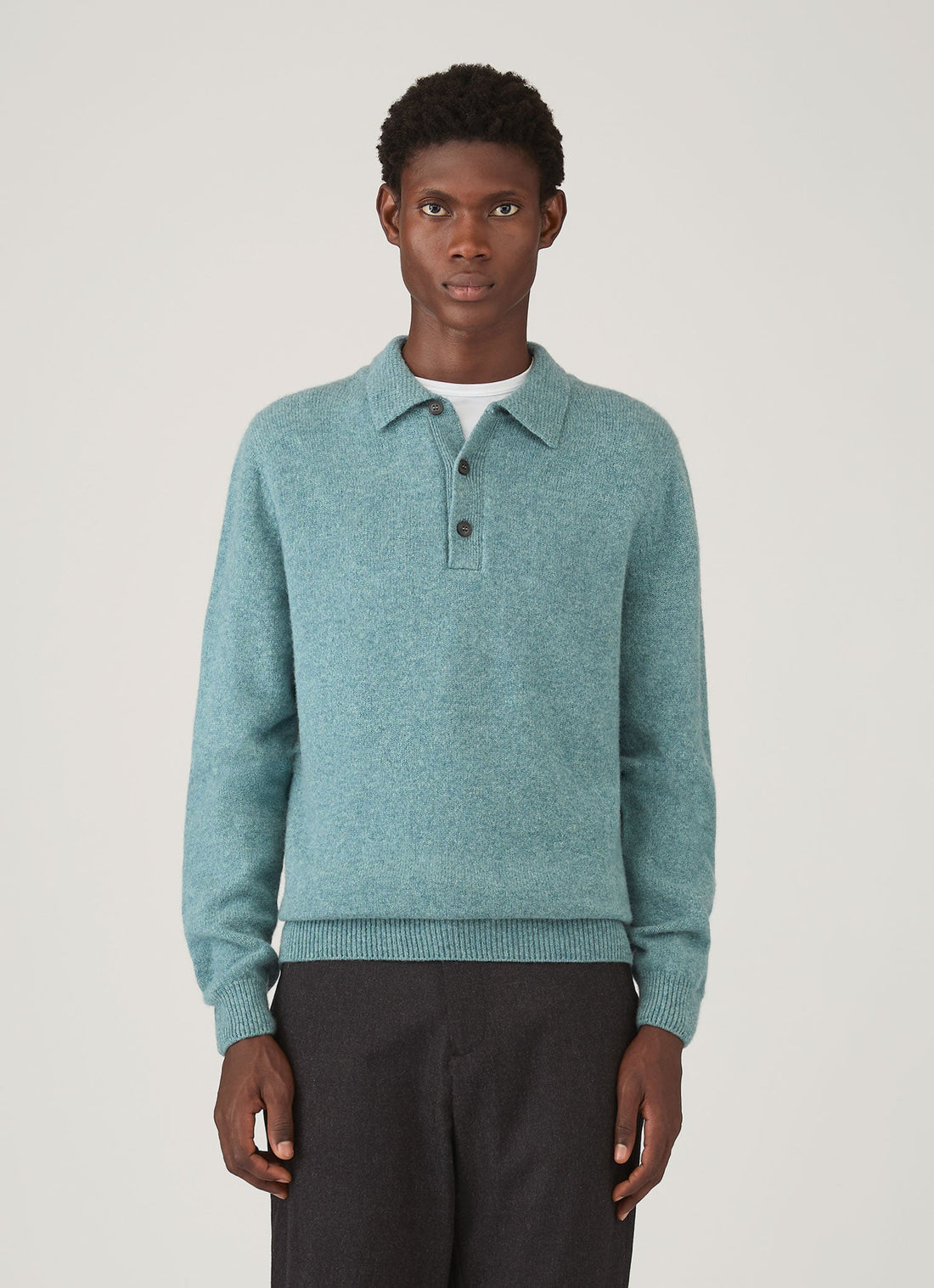 Men's Lambswool Knitted Polo Shirt in Steel Green