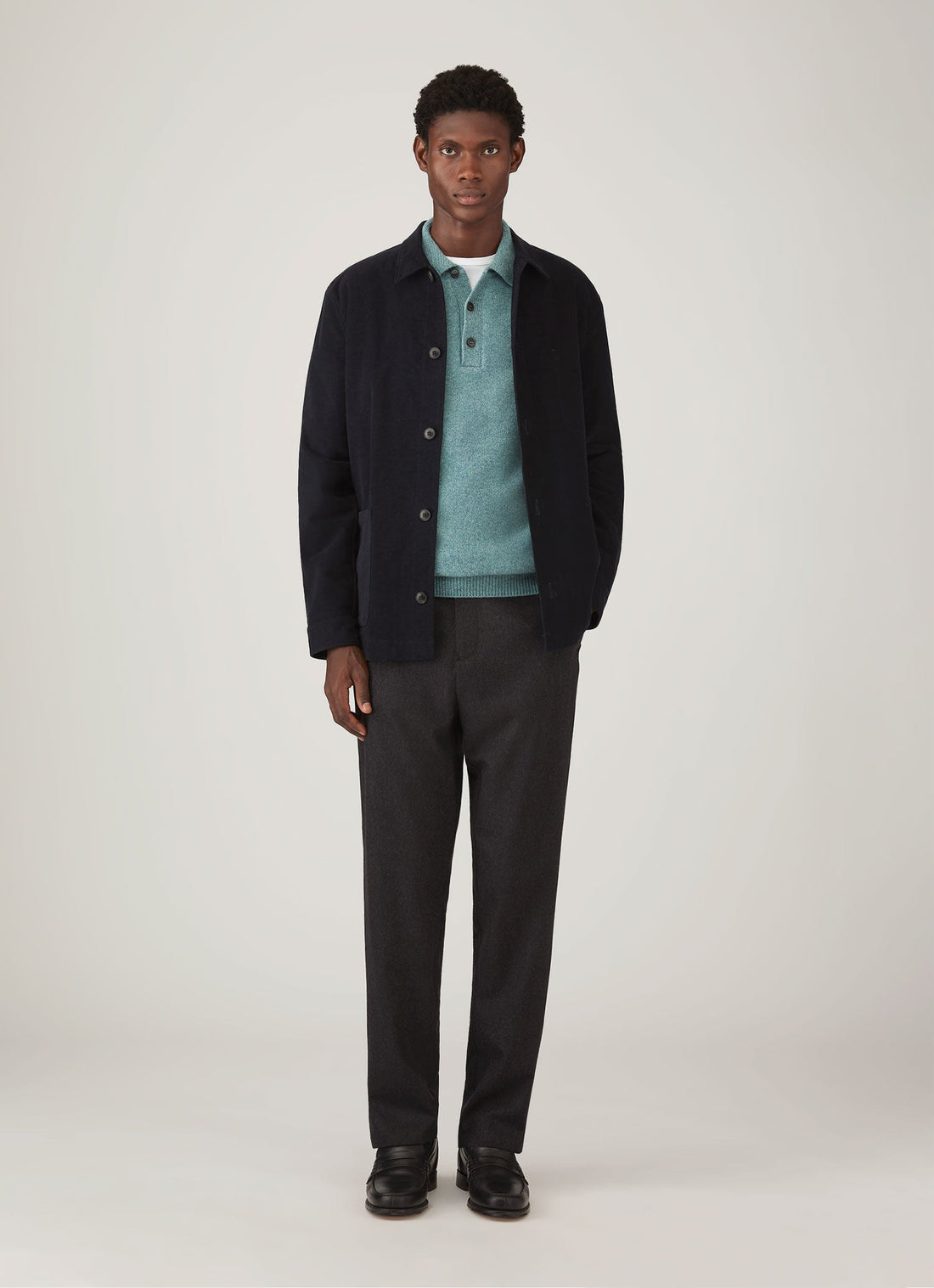 Men's Lambswool Knitted Polo Shirt in Steel Green