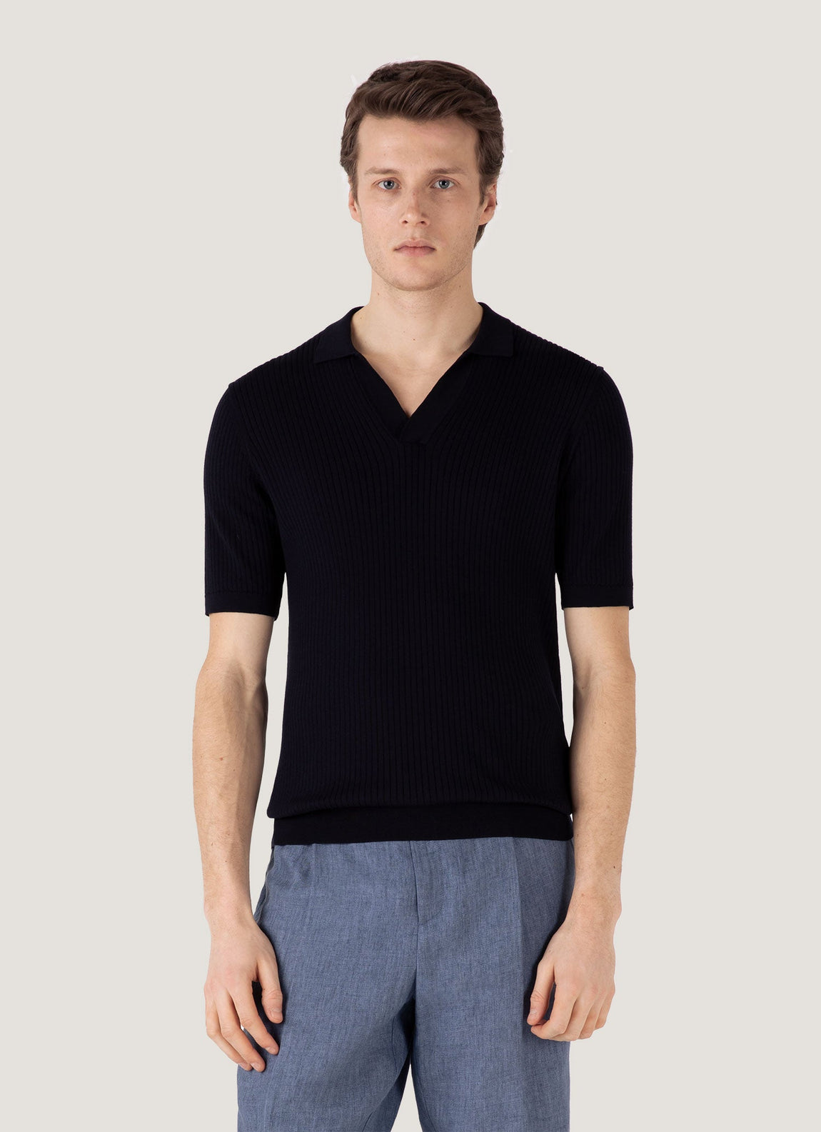 Men's Fine Rib Silk Cotton Polo Shirt in Navy