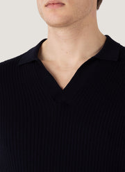 Men's Fine Rib Silk Cotton Polo Shirt in Navy