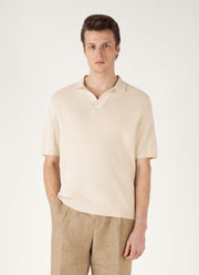 Men's Compact Mesh Knit Polo Shirt in Ecru