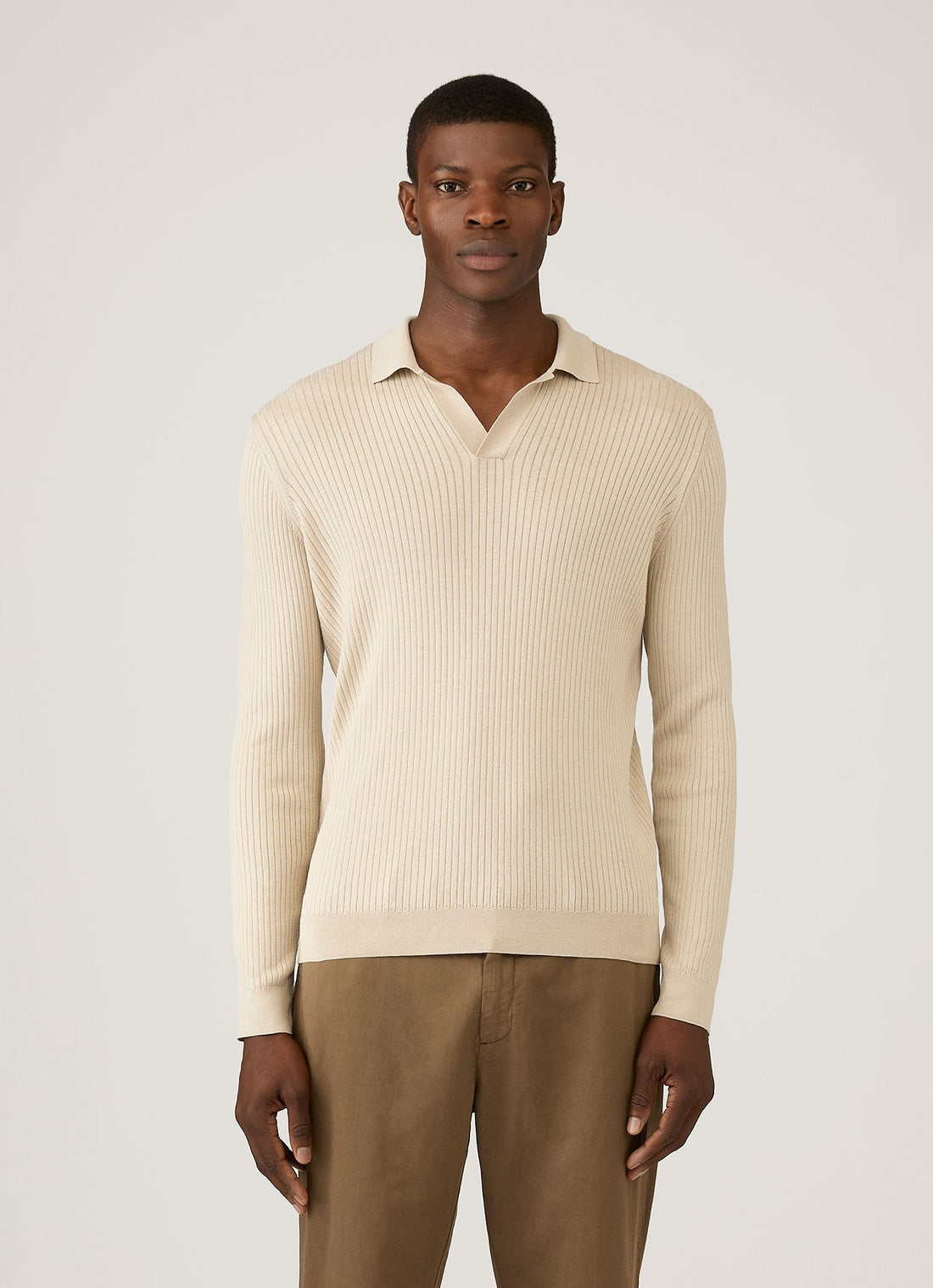 Men's Long Sleeve Fine Rib Silk Cotton Polo in Hazelwood