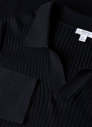 Men's Long Sleeve Fine Rib Silk Cotton Polo Shirt in Navy