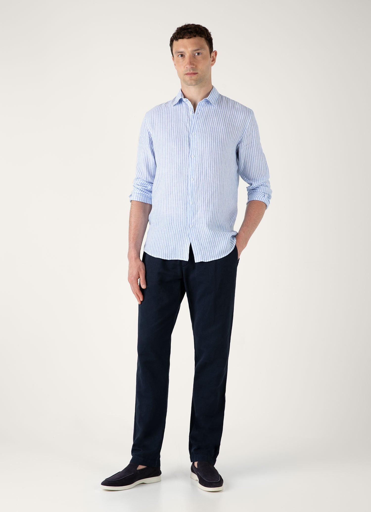 Men's Linen Shirt in Mid Blue/White