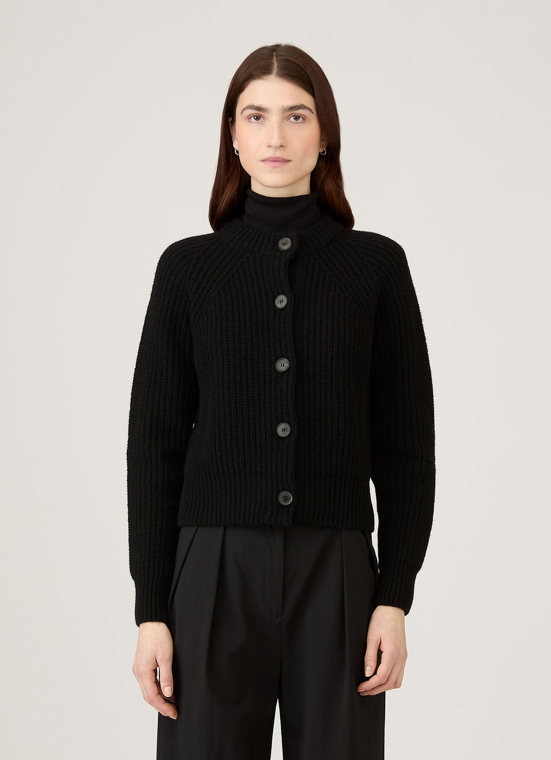 Women's Ribbed Crew Neck Cardigan in Black