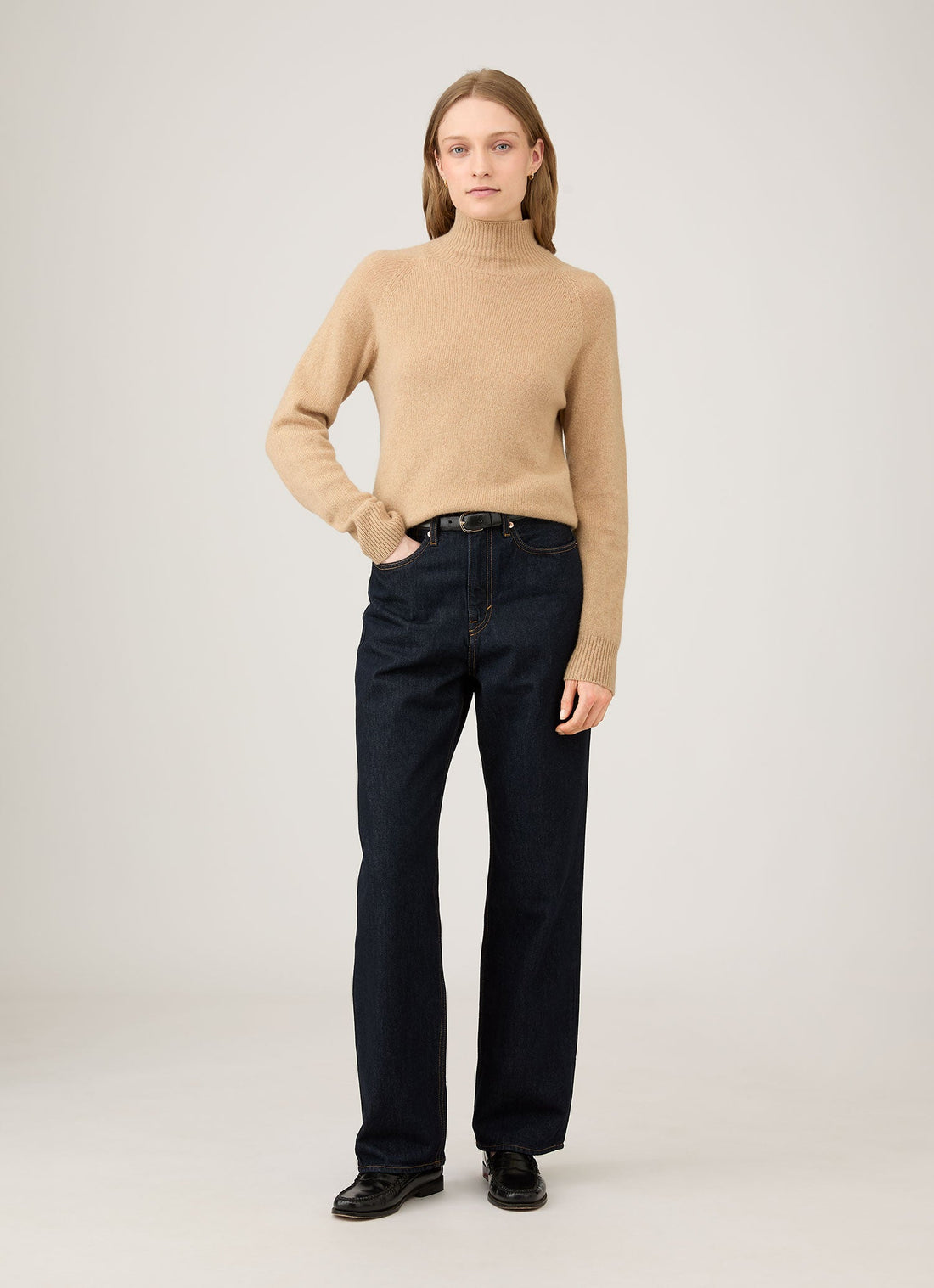 Women's Lambswool Funnel Neck Jumper in Light Camel