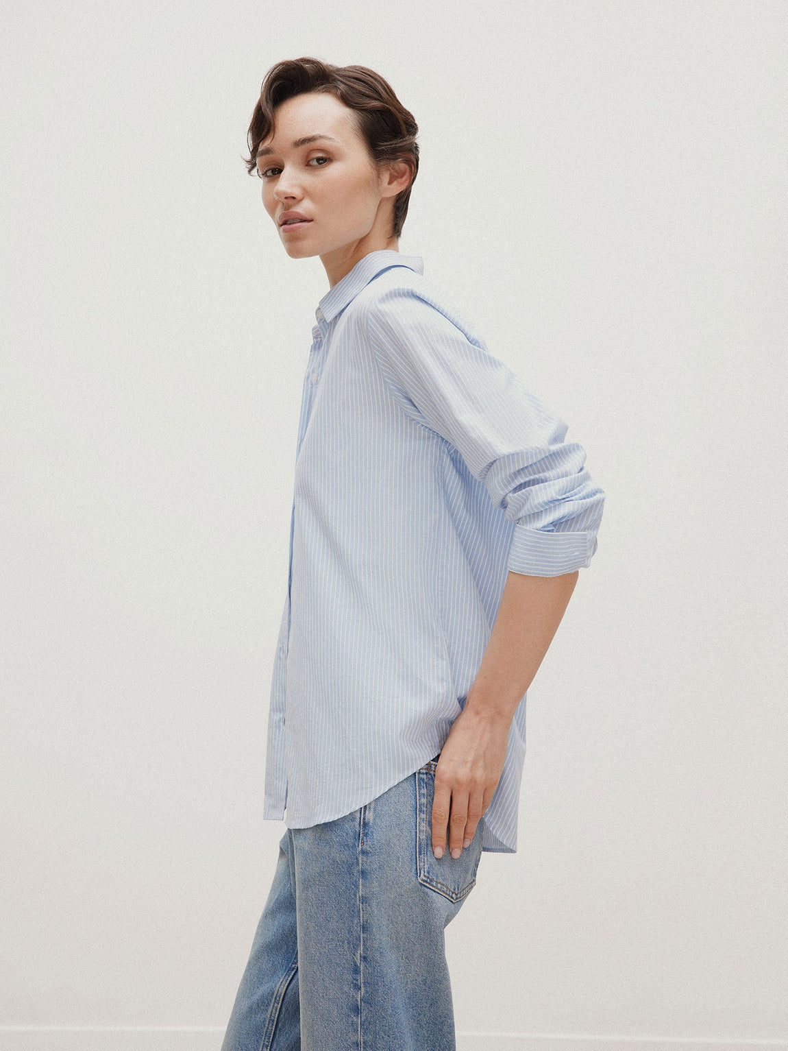 Women's Cotton Shirt in Light Blue/White