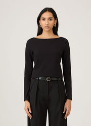 Women's Stretch Cotton Slash Neck Top in Black