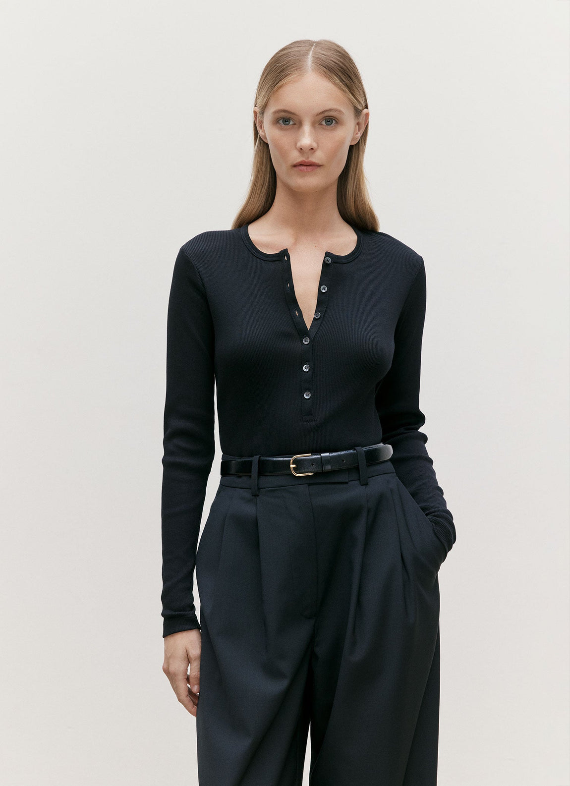 Women's Ribbed Henley in Black