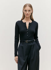 Women's Ribbed Henley in Black