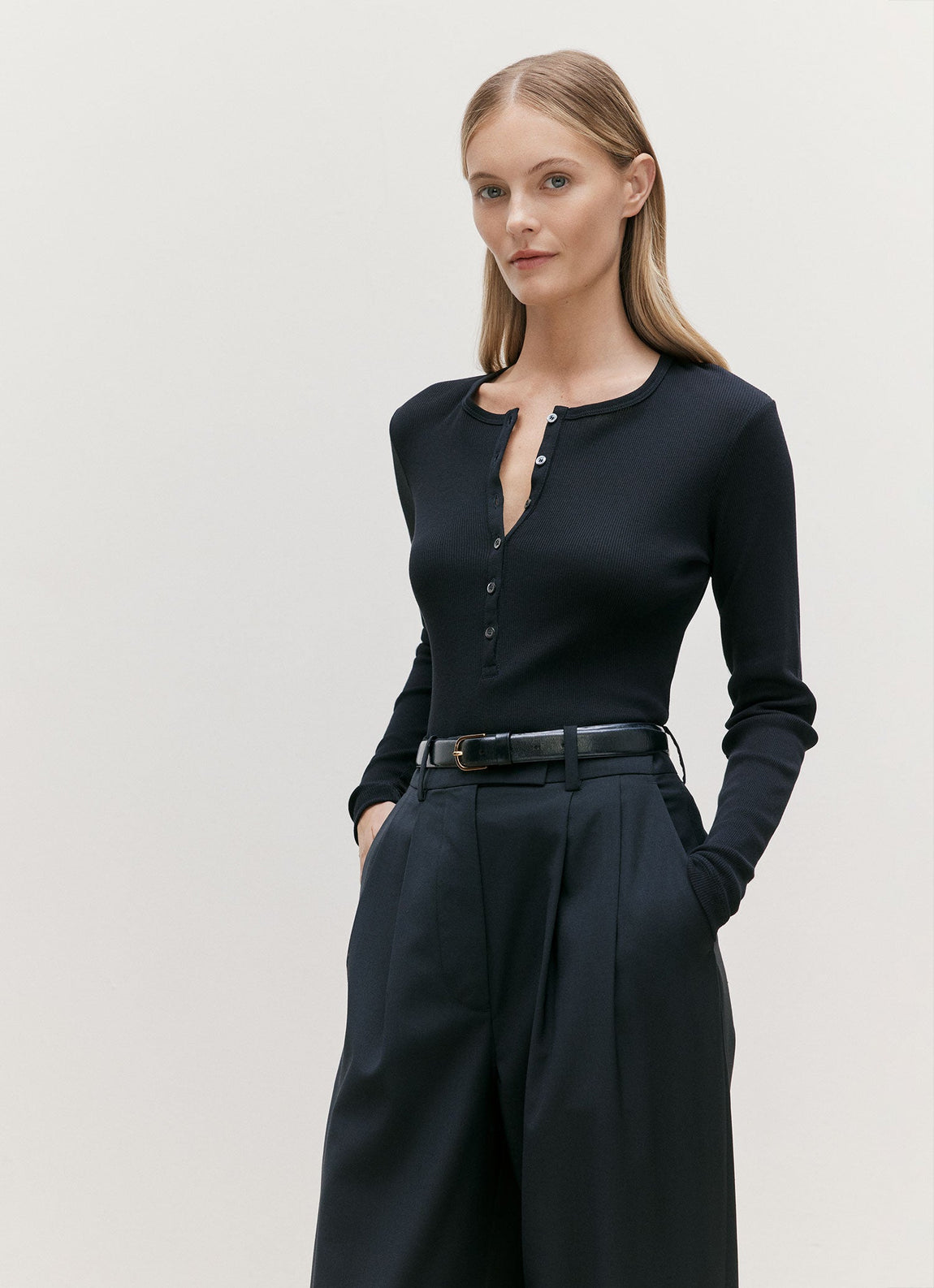 Women's Ribbed Henley in Black