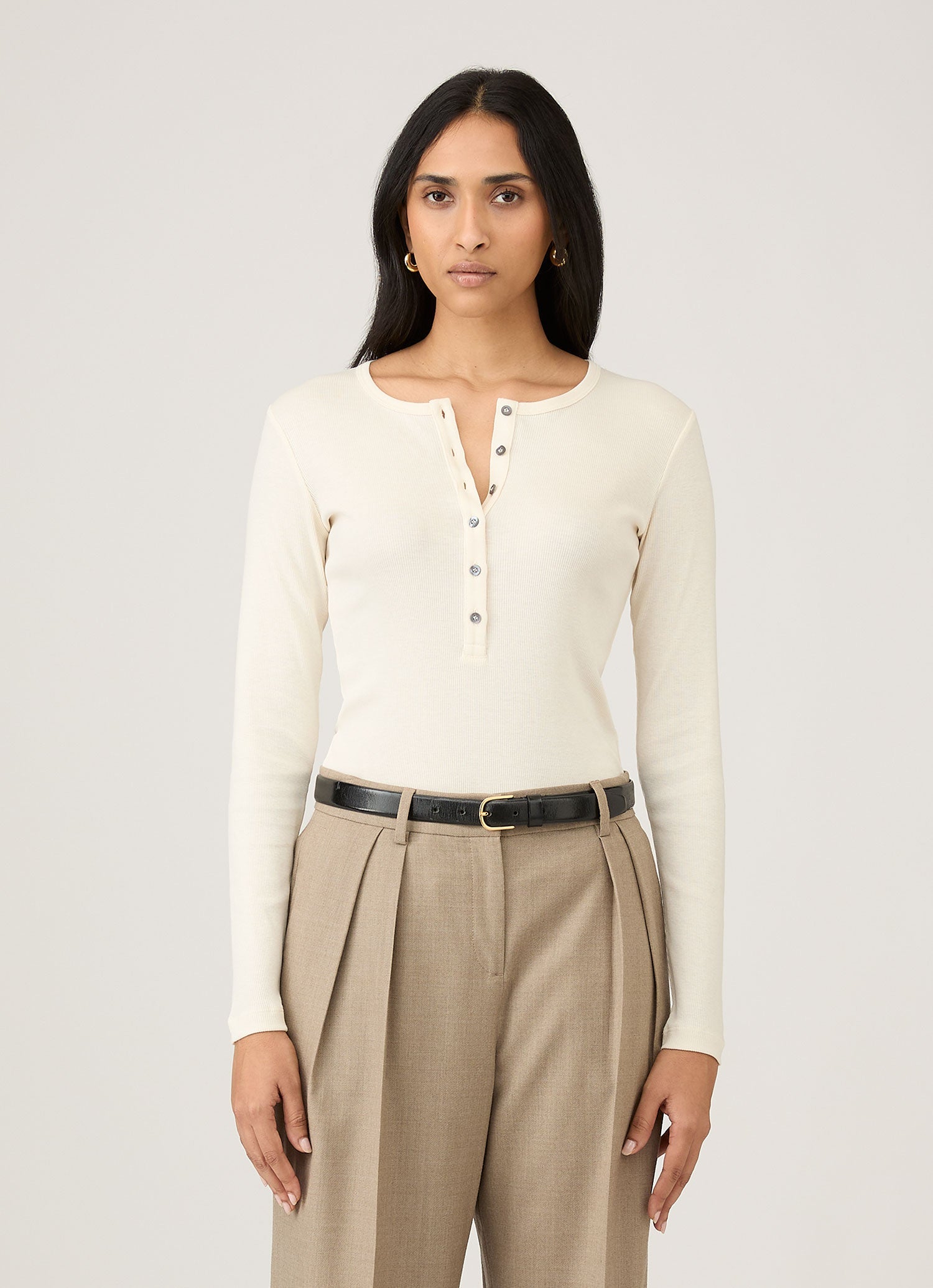 Women's Ribbed Henley in Ecru