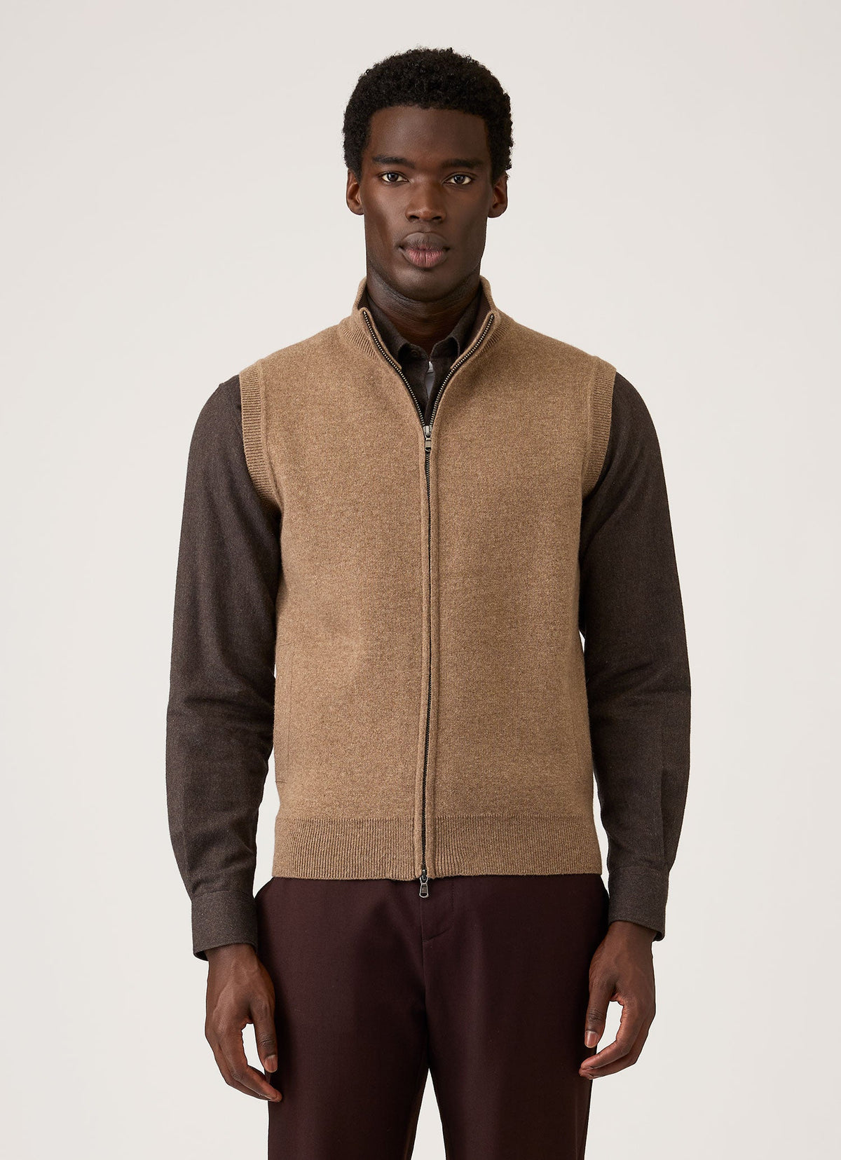 Men's Merino Cotton Double Faced Gilet in Dark Beige