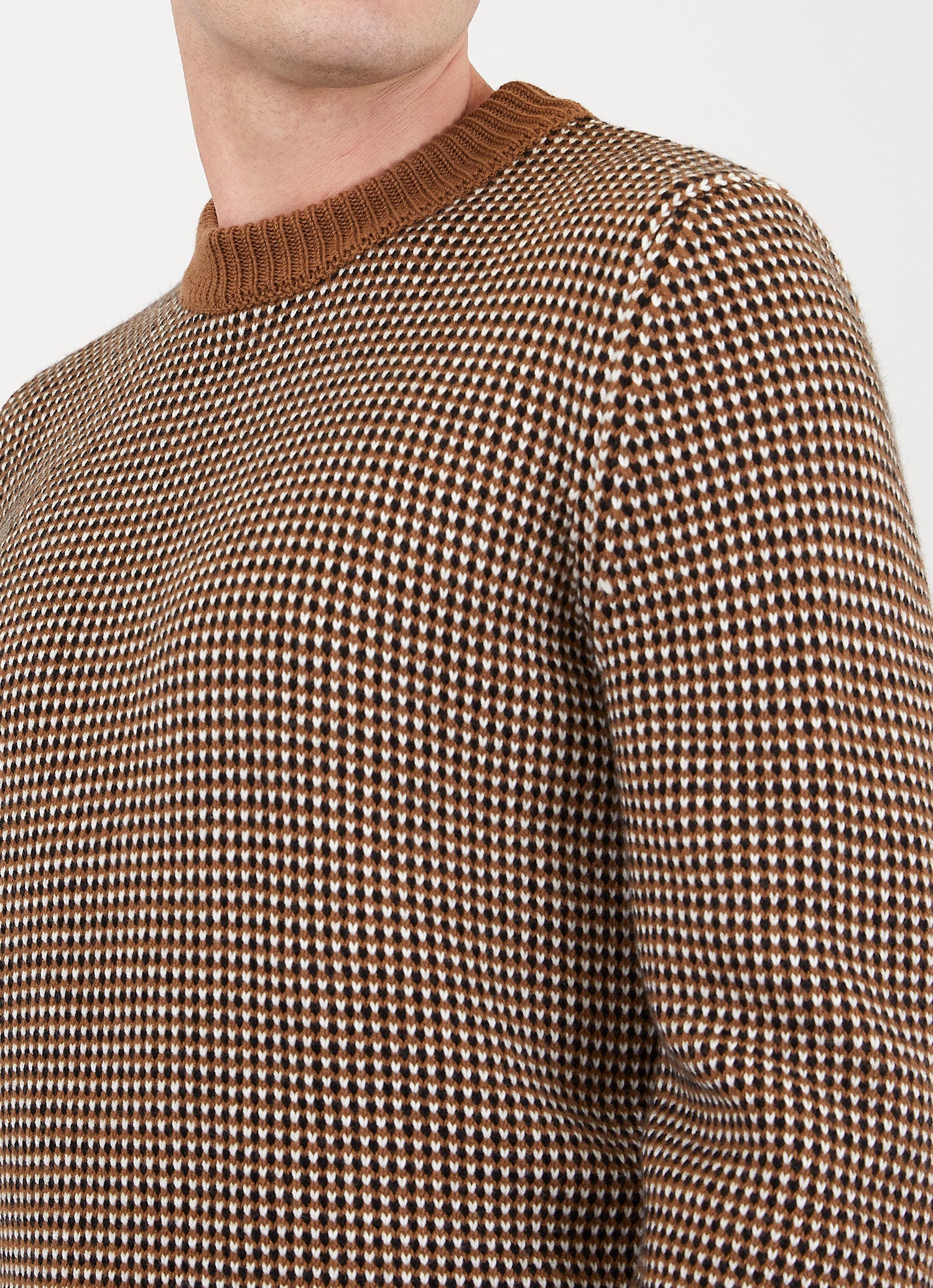 Men's Merino Fisherman Knit Jumper in Camel/Ecru/Black