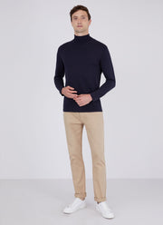 Men's Sea Island Cotton Roll Neck Sweater in Light Navy