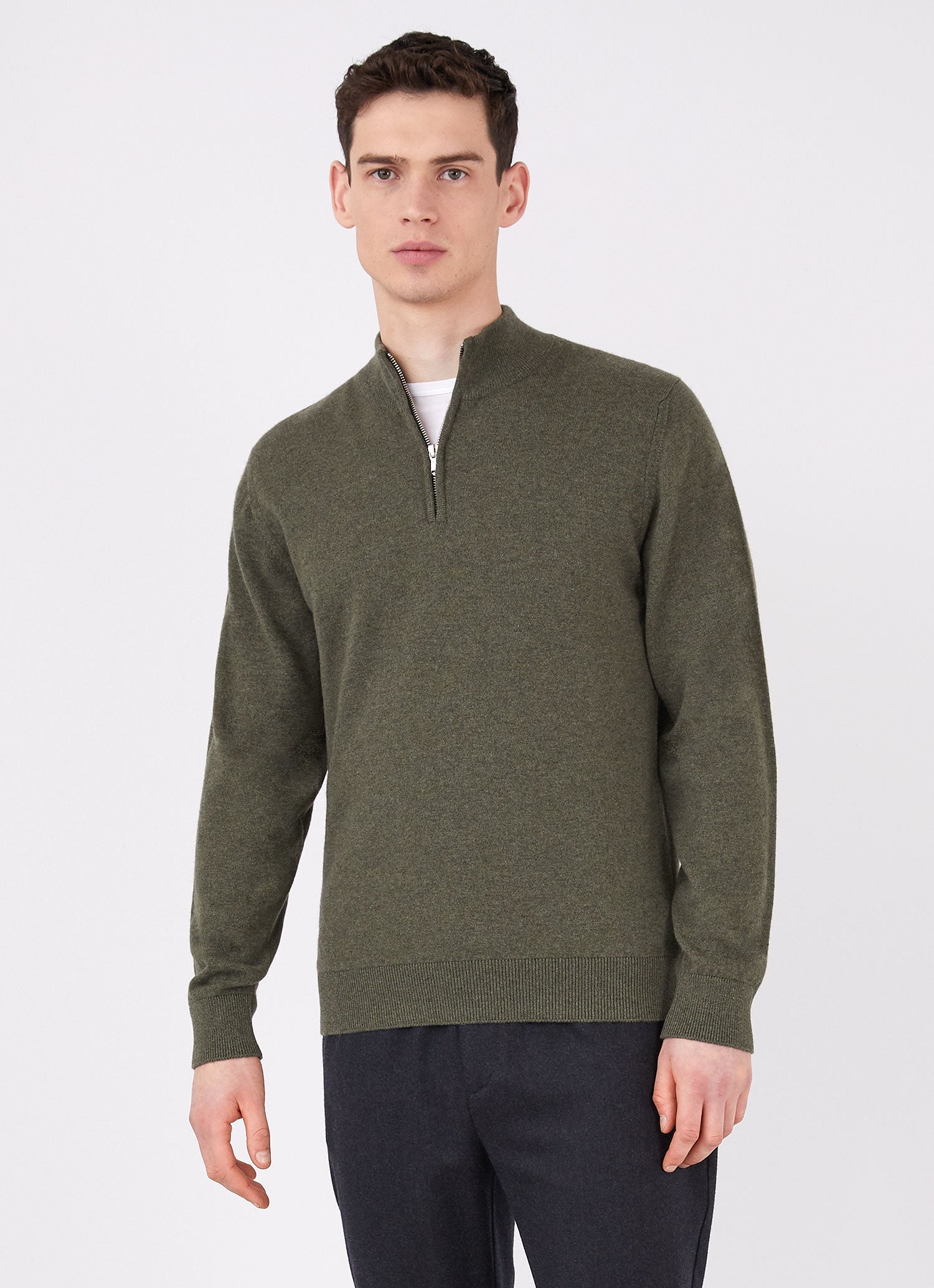 Men's Cashmere Zip Neck Jumper in Dark Moss