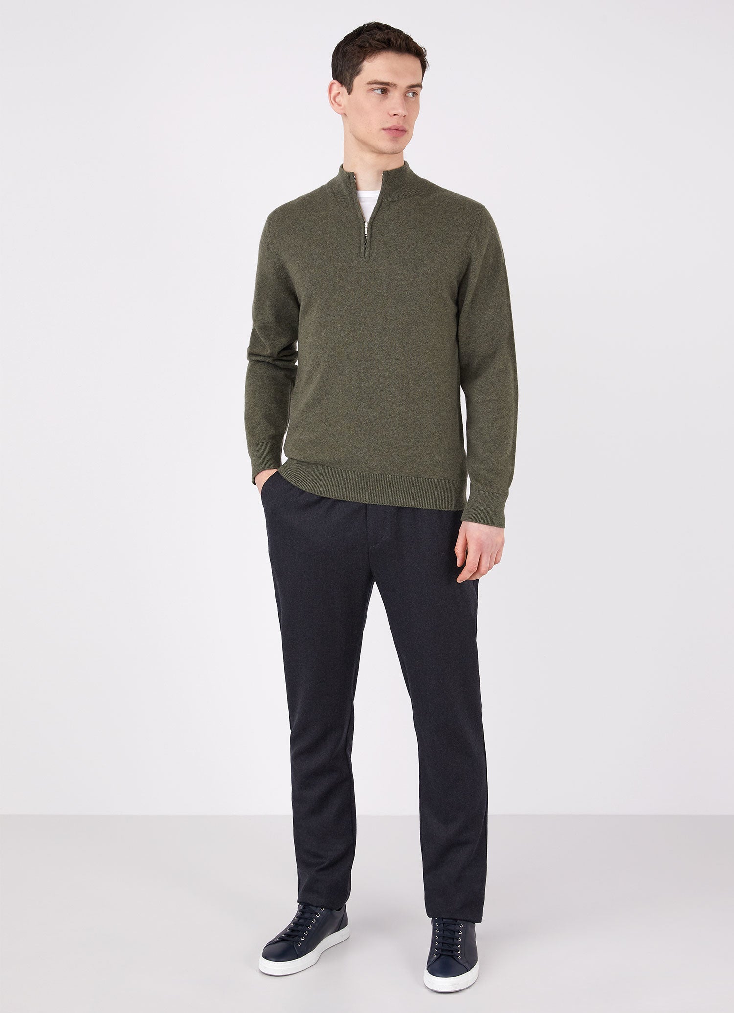 Men's Cashmere Zip Neck Jumper in Dark Moss
