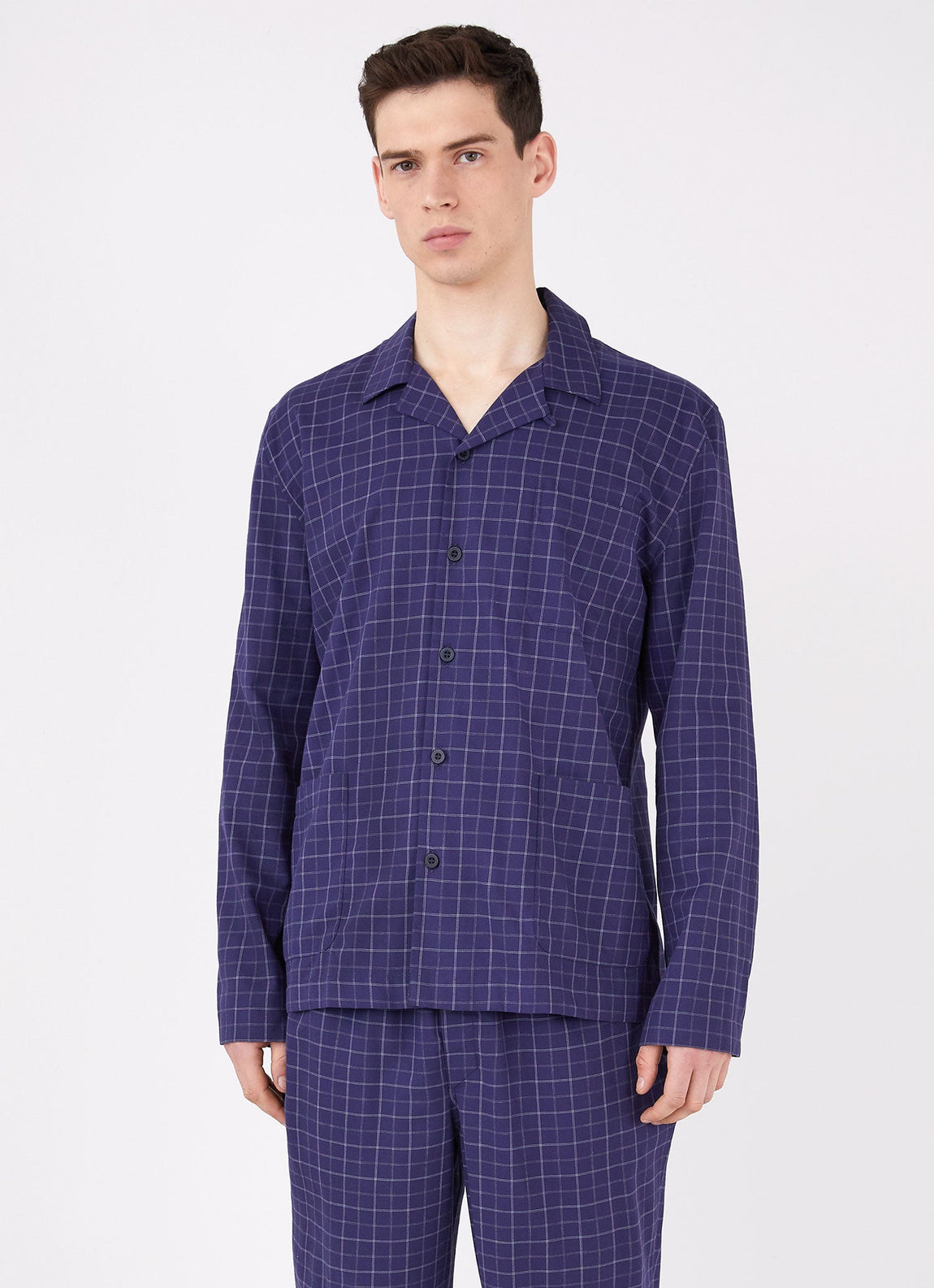 Men's Cotton Flannel Pyjama Shirt in Navy Check