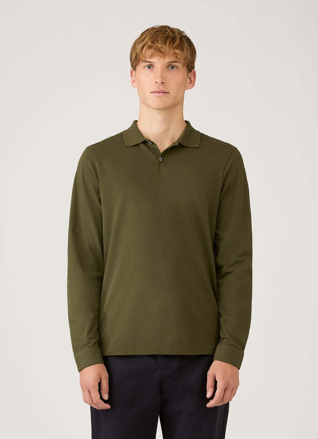 Men's Long Sleeve Piqué Polo Shirt in Deep Olive