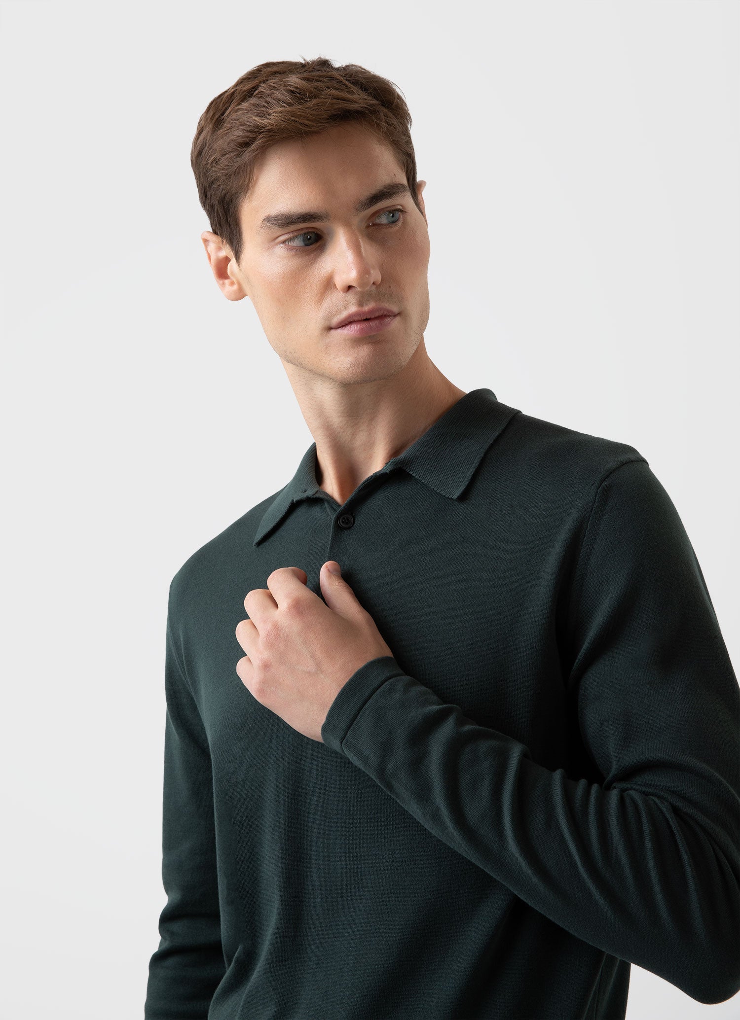 Men's Sea Island Cotton Long Sleeve Polo Shirt in Seaweed