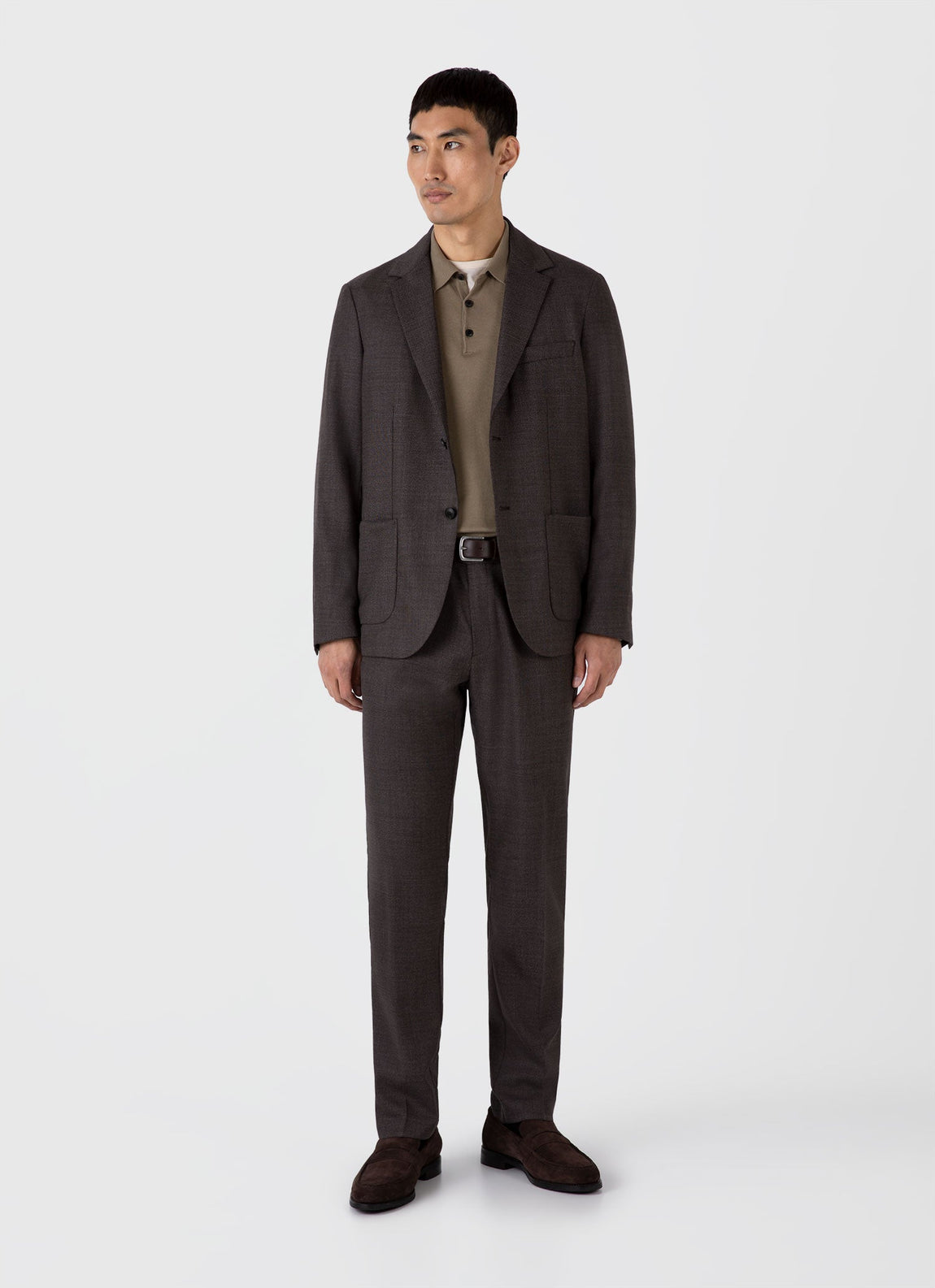 Men's Long Sleeve Sea Island Cotton Knit Polo Shirt in Dark Stone