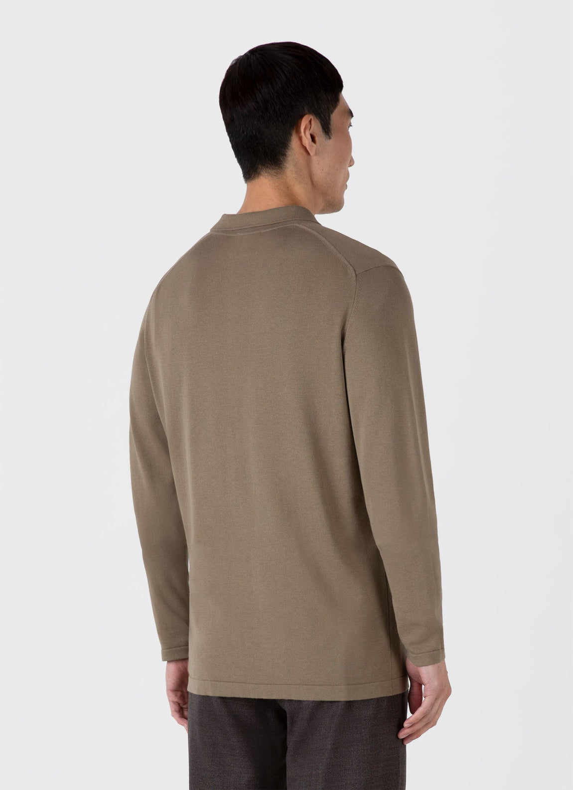 Men's Long Sleeve Sea Island Cotton Knit Polo Shirt in Dark Stone