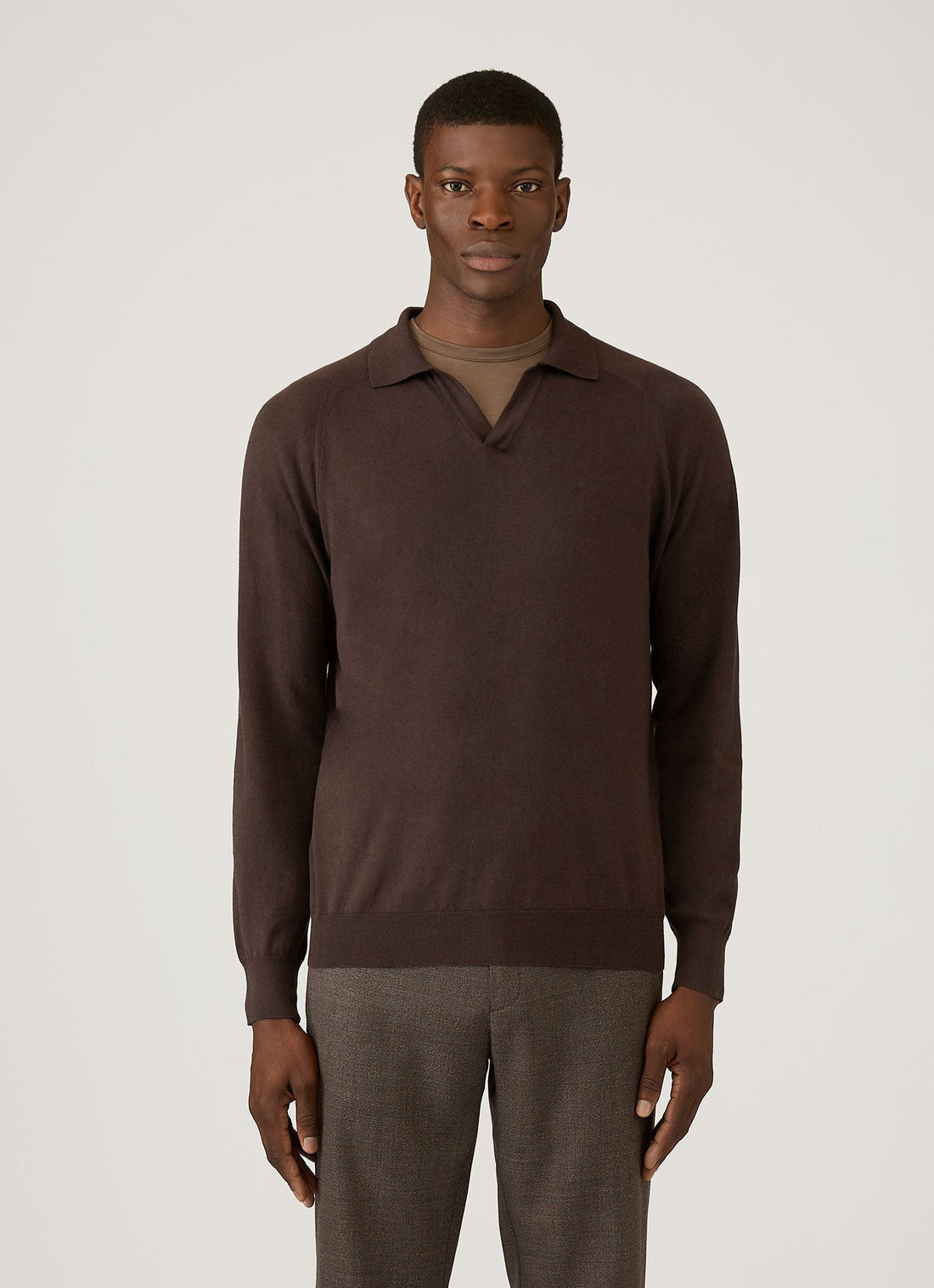 Men's Sea Island Cashmere Knitted Polo in Dark Chocolate