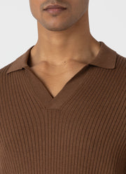 Men's Fine Rib Silk Cotton Polo Shirt in Dark Sand