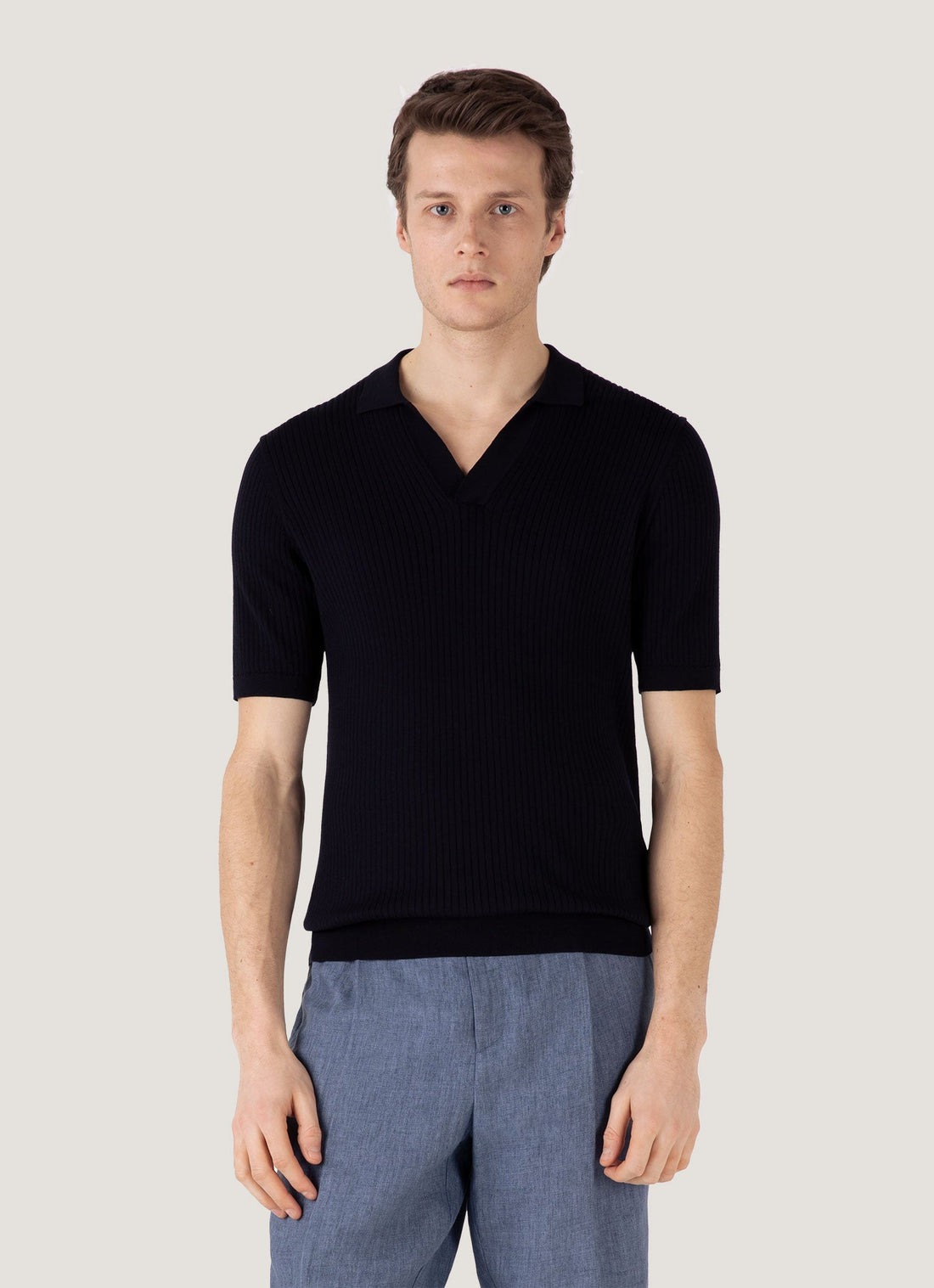 Men's Fine Rib Silk Cotton Polo Shirt in Navy