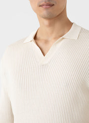 Men's Fine Rib Silk Cotton Polo in Ecru