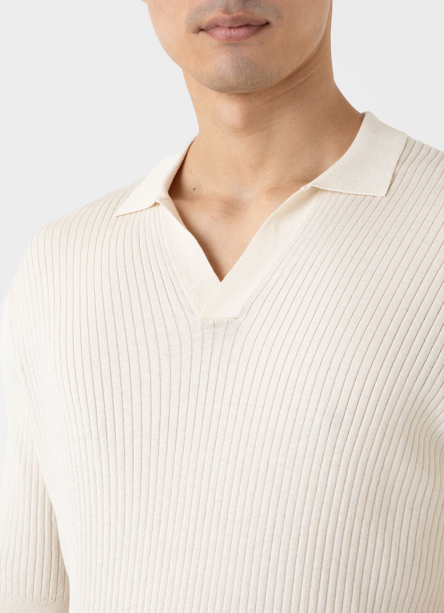 Men's Fine Rib Silk Cotton Polo in Ecru