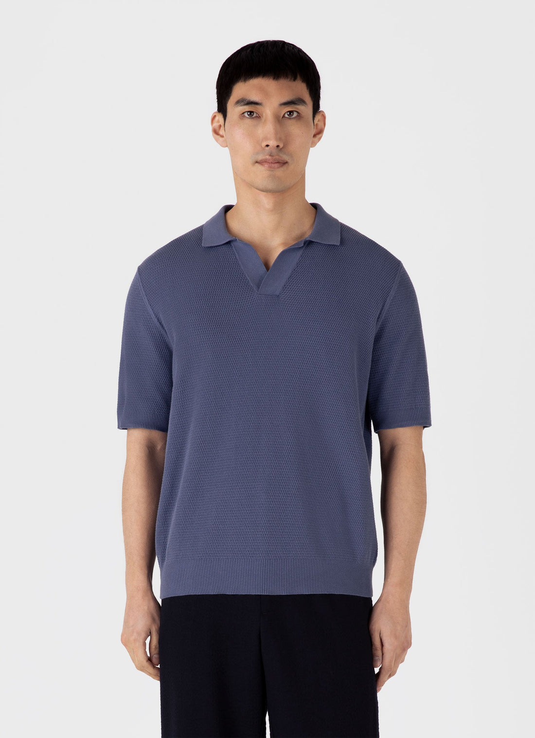 Men's Compact Mesh Knit Polo Shirt in Soft Denim