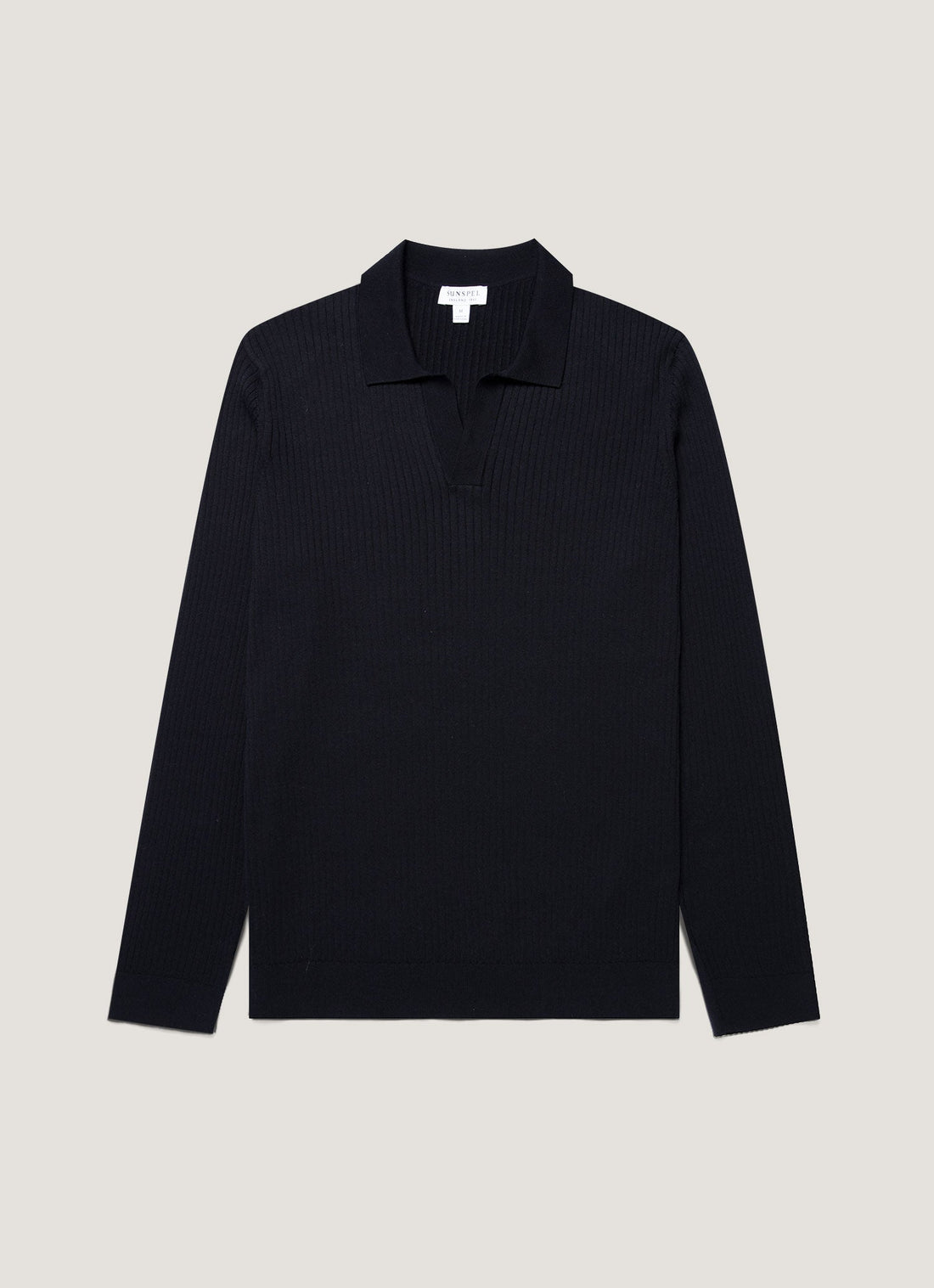 Men's Long Sleeve Fine Rib Silk Cotton Polo in Navy