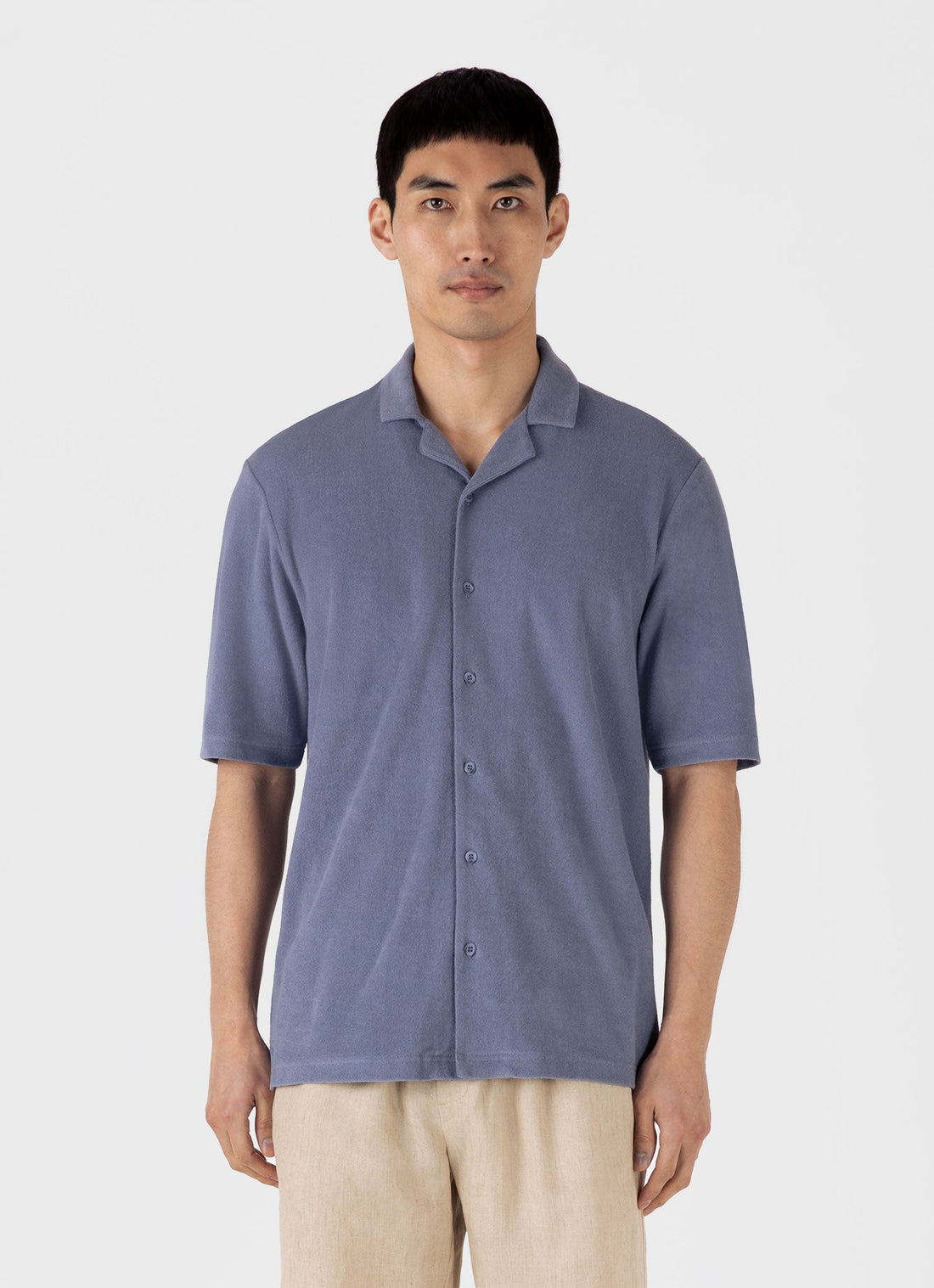 Men's Towelling Camp Collar Shirt in Vintage Blue